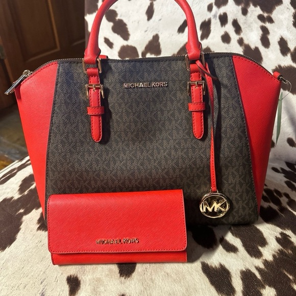 Michael Kors Red and Brown Satchel - Picture 1 of 6